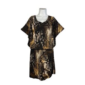 ENFOCUS Women Blouson Mini Dress 18W Brown Snake Print Short Sleeve Career Party